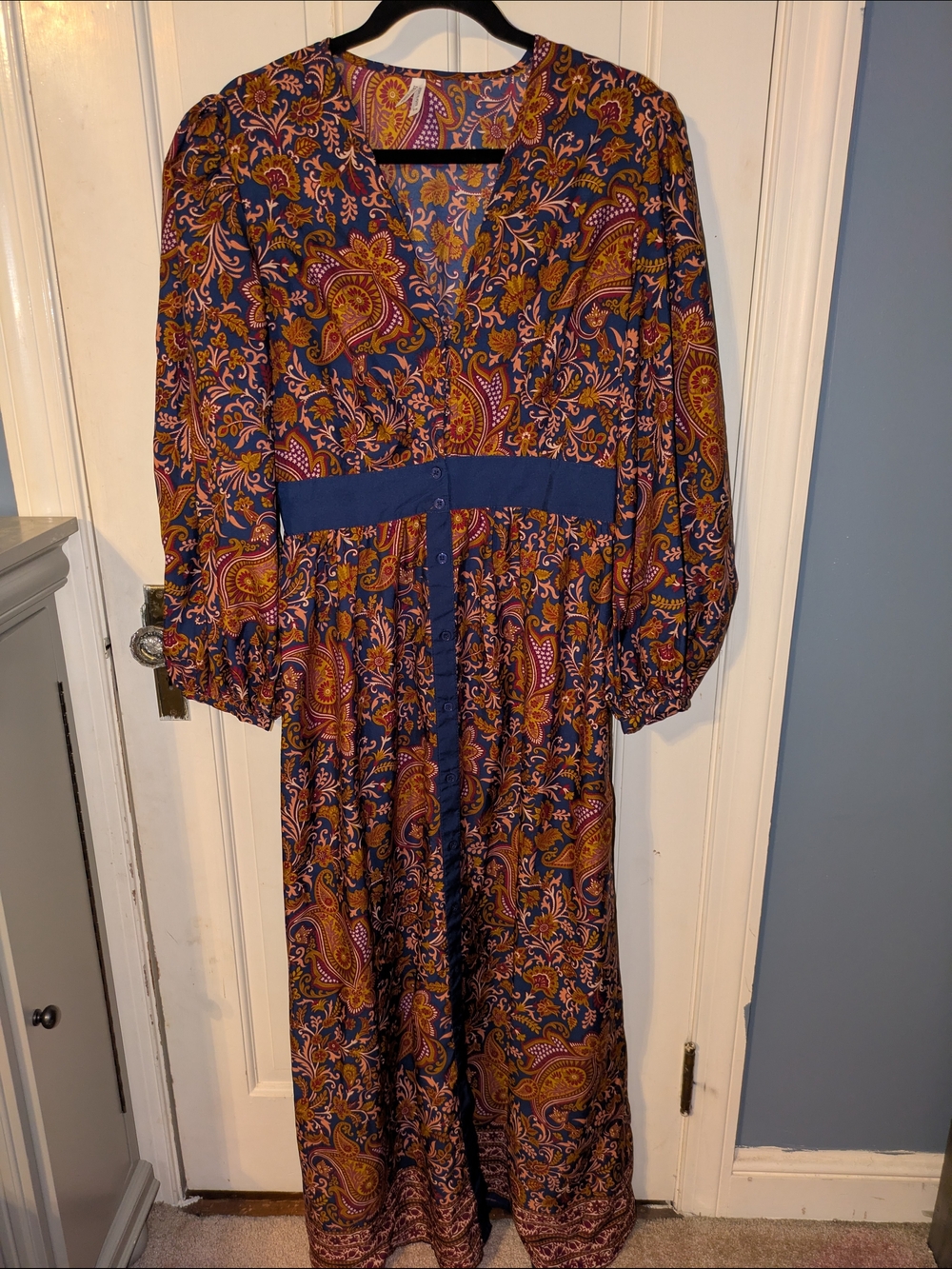 Paisley Boho  V-Neck Maxi Dress in Navy & Rust Like Farm Rio Baltic Born Fall